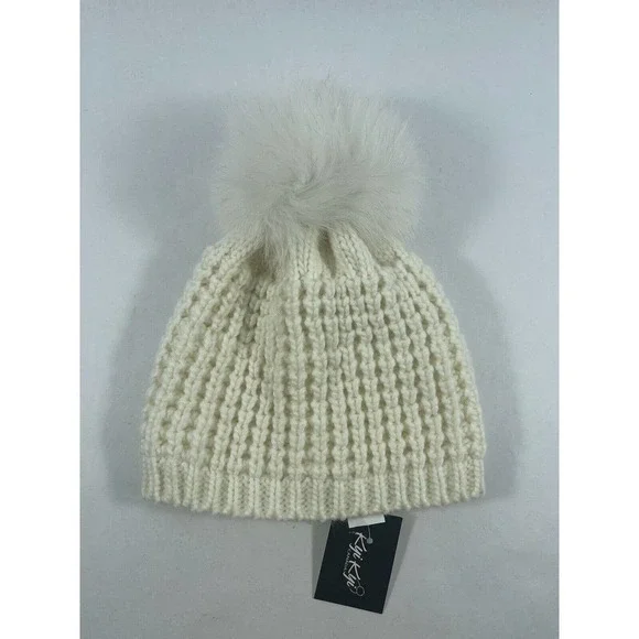 KYI KYI WOMEN’S CLASSIC FOX FUR WAFFLE KNIT POM POM BEANIE IVORY, ONE SIZE - Picture 6 of 8